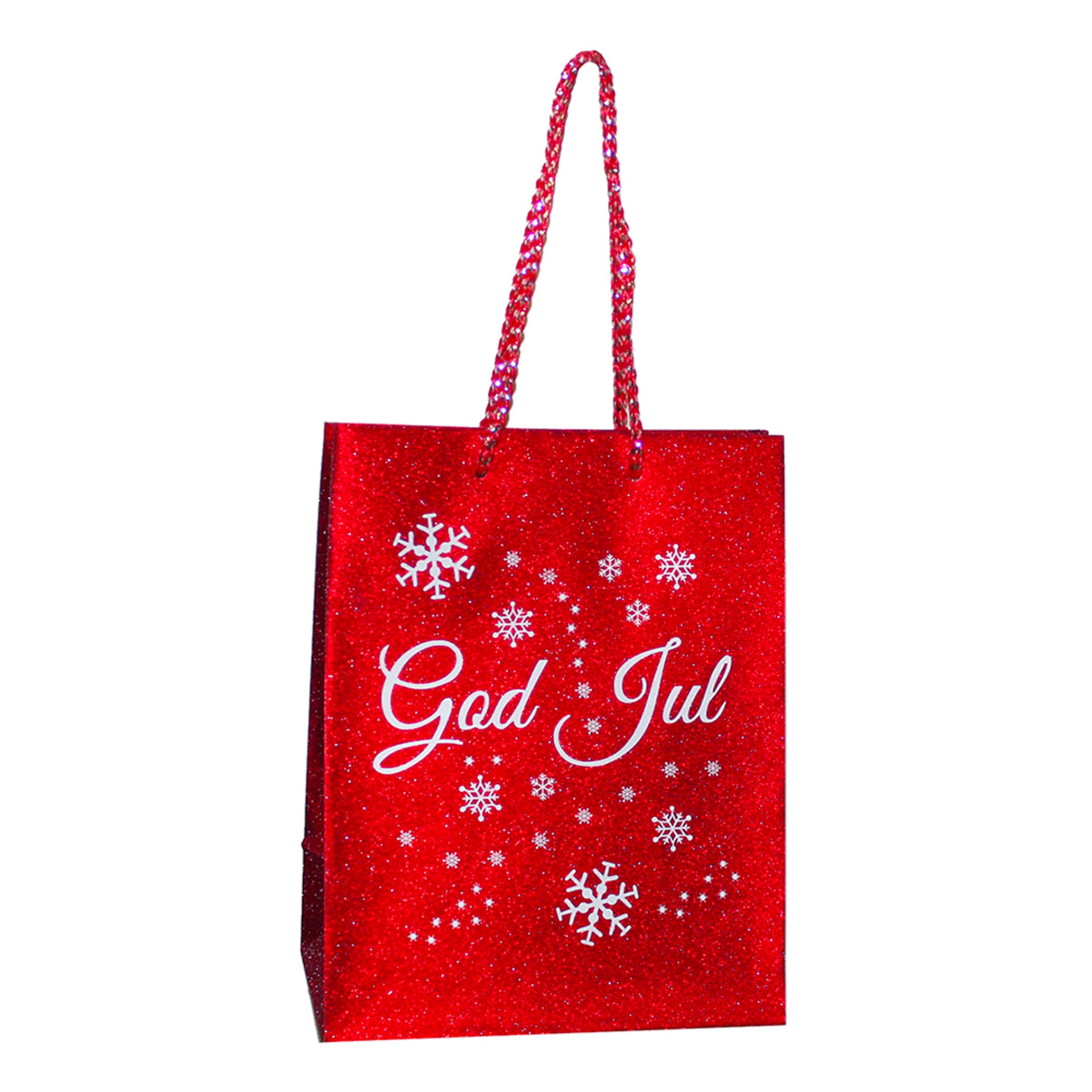 Presentpåse Röd/Glitter God Jul - 12 x 15 cm