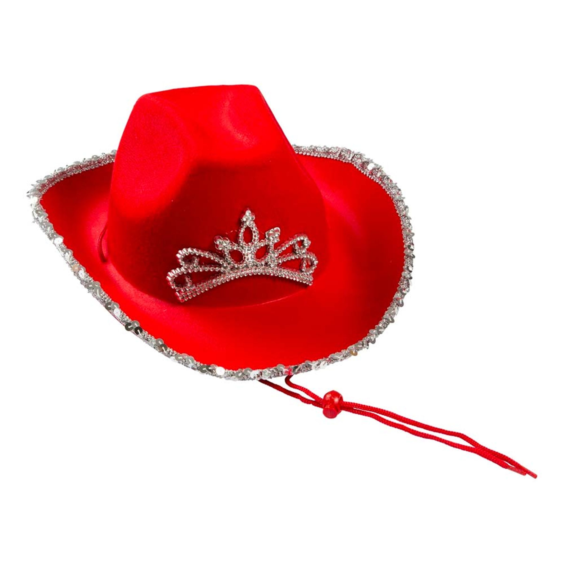Läs mer om Röd Cowboyhatt med Tiara - One size