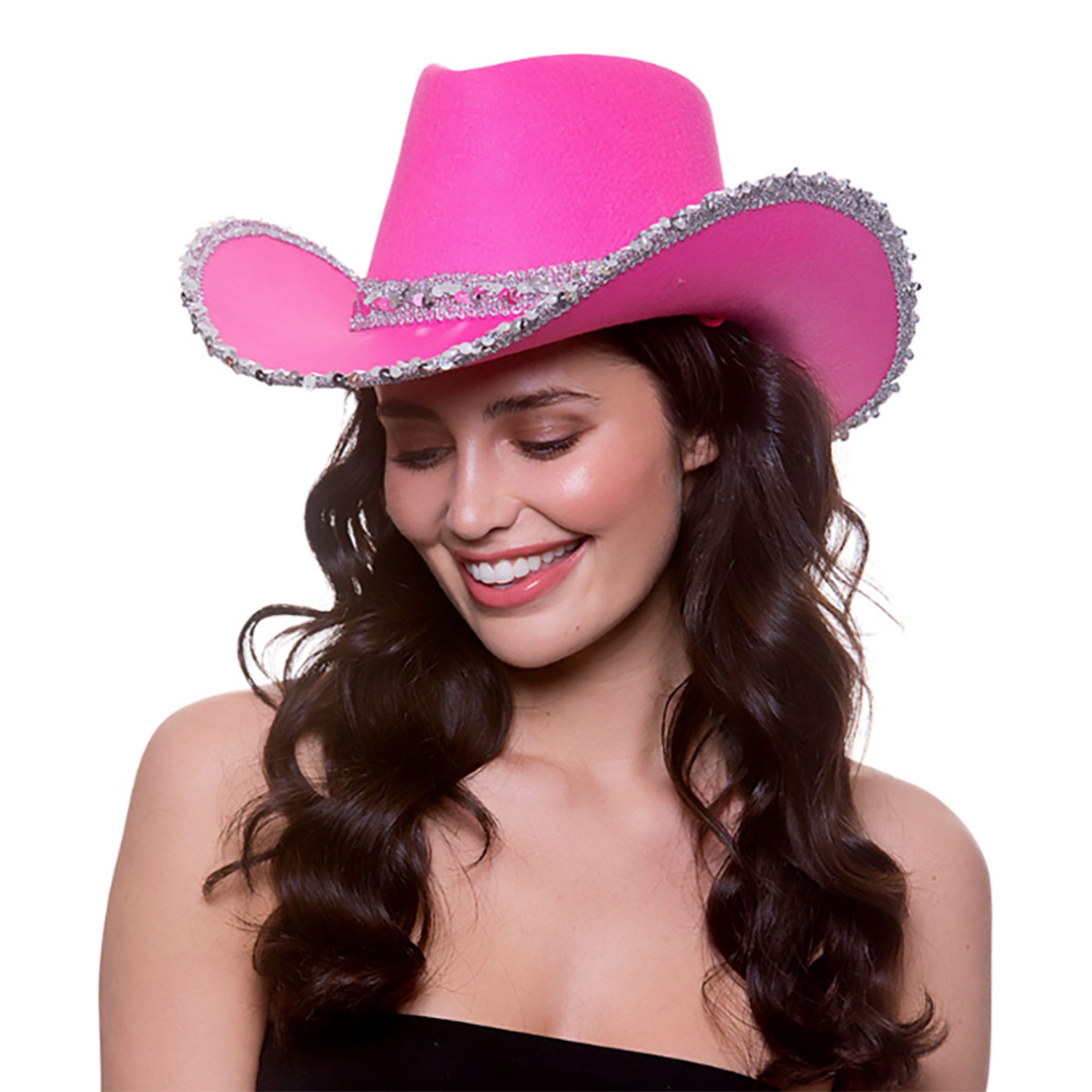 Rosa Cowboyhatt med Silverpaljetter - One size