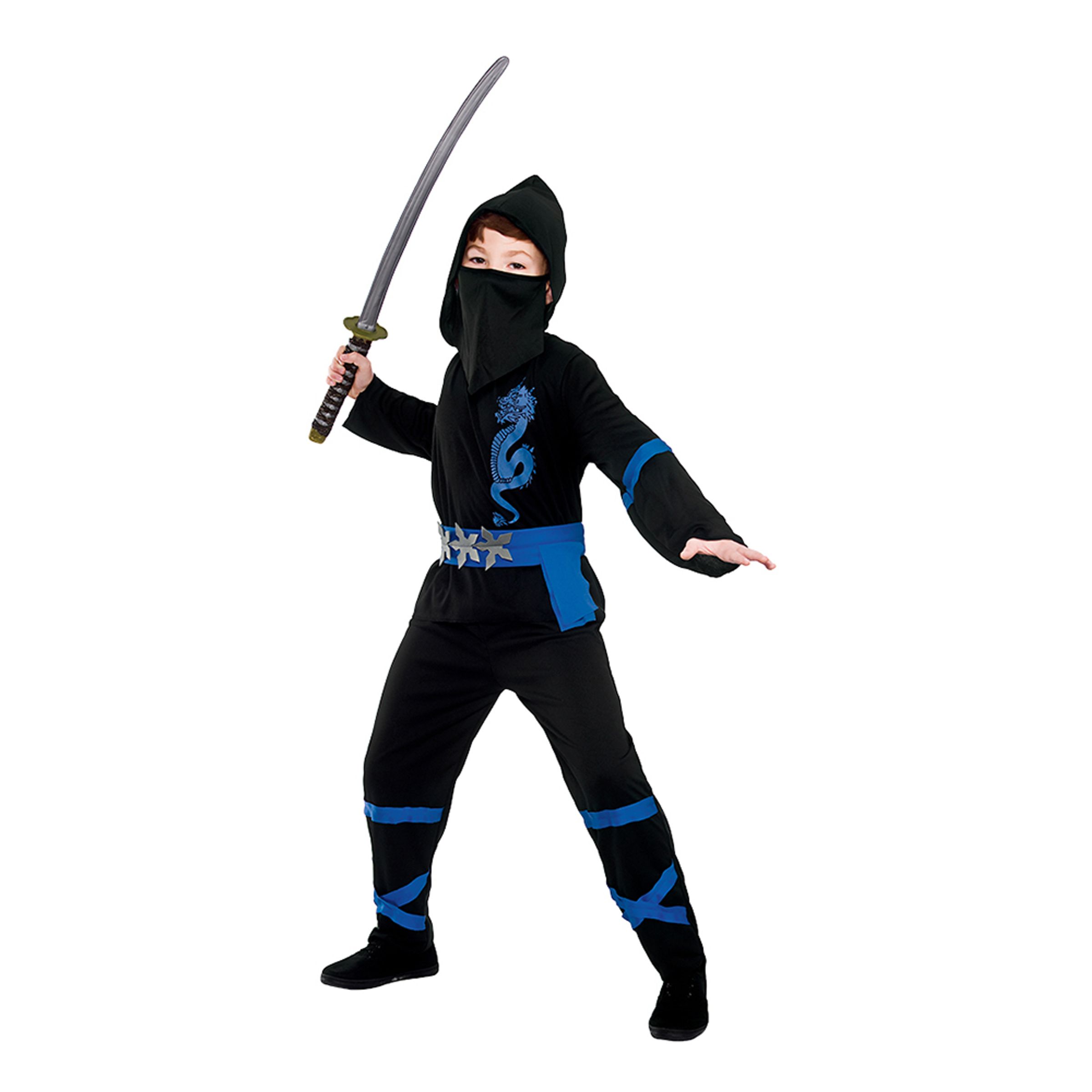 Svart/Blå Power Ninja Barn Maskeraddräkt - Small