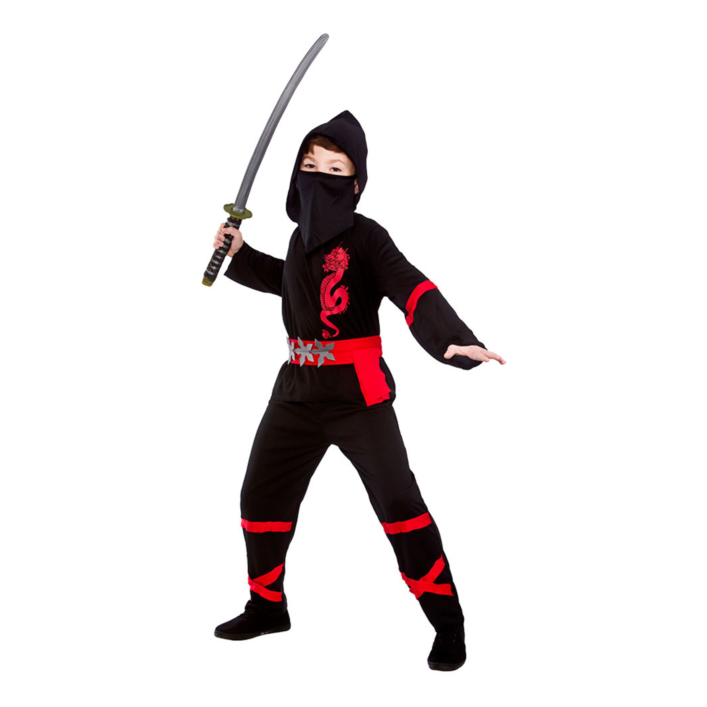 Svart/Röd Power Ninja Barn Maskeraddräkt - X-Large
