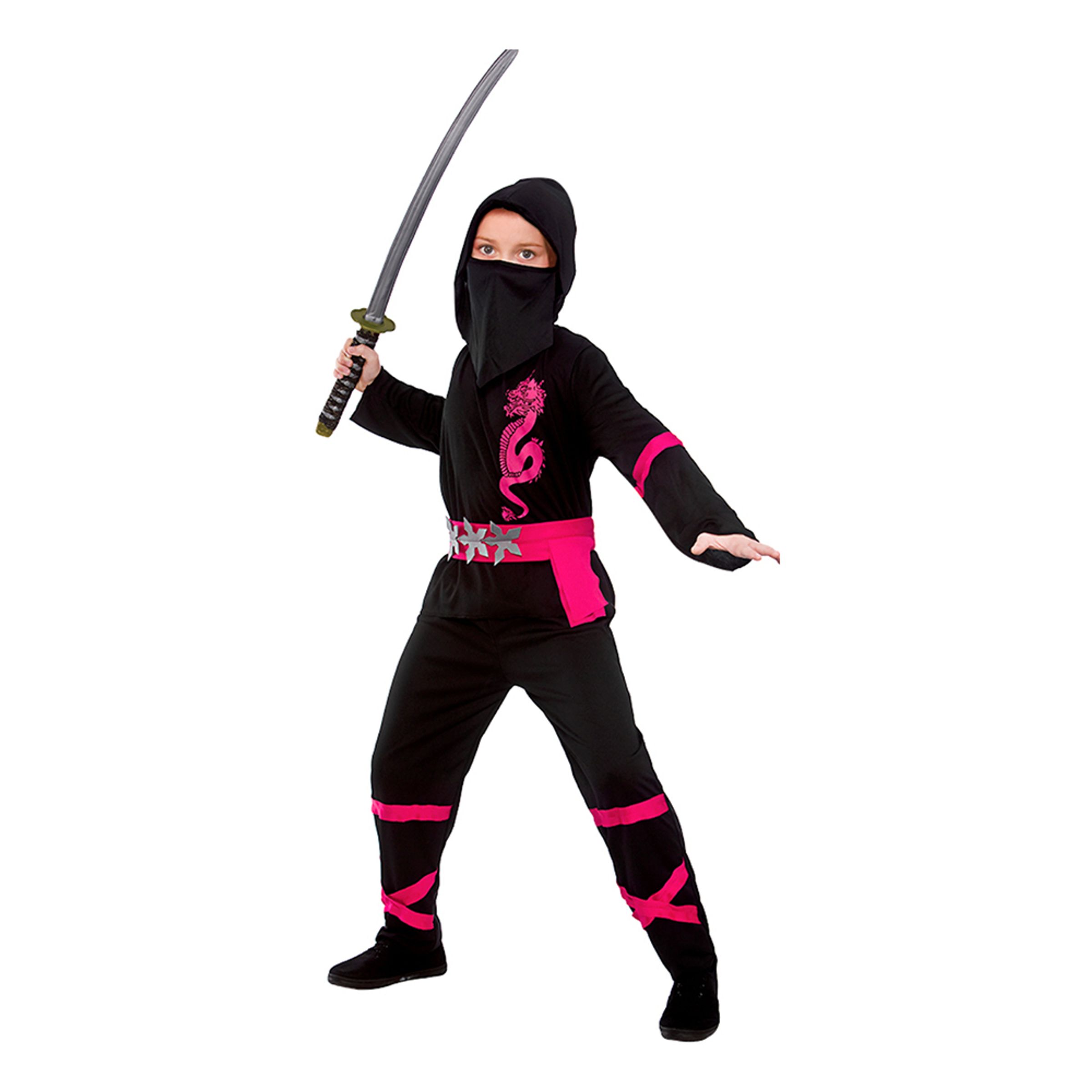 Läs mer om Svart/Rosa Power Ninja Barn Maskeraddräkt - Large