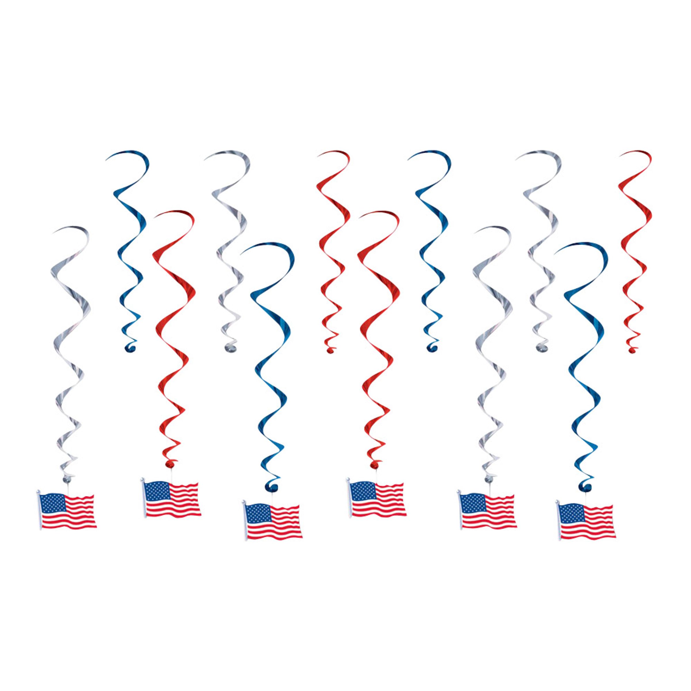 Läs mer om Swirls Amerikanska Flaggor Hängande Dekoration - 12-pack