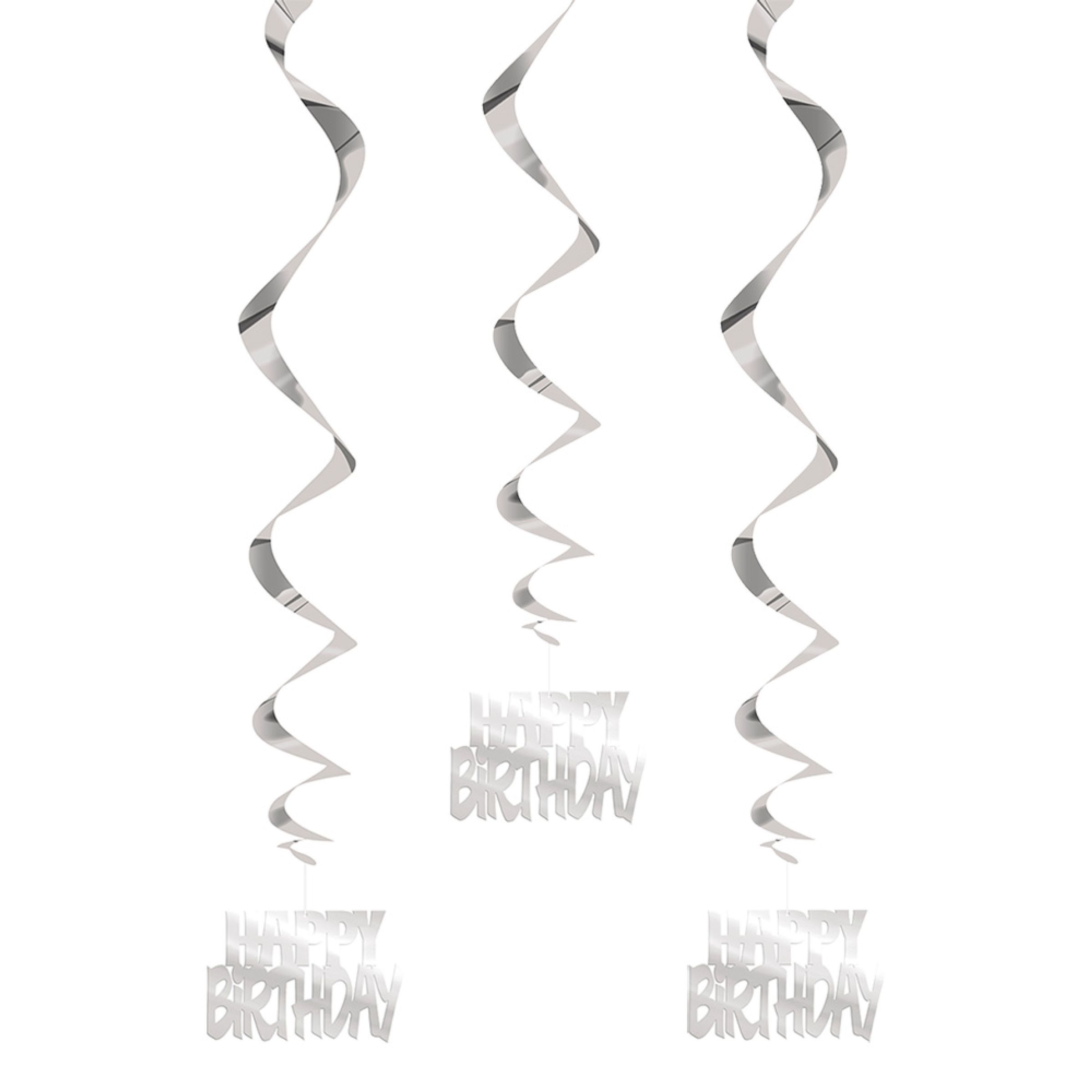 Swirls Happy Birthday Silver Hängande Dekoration - 3-pack | Hem - Teman - Färger - Silver | Pryloteket