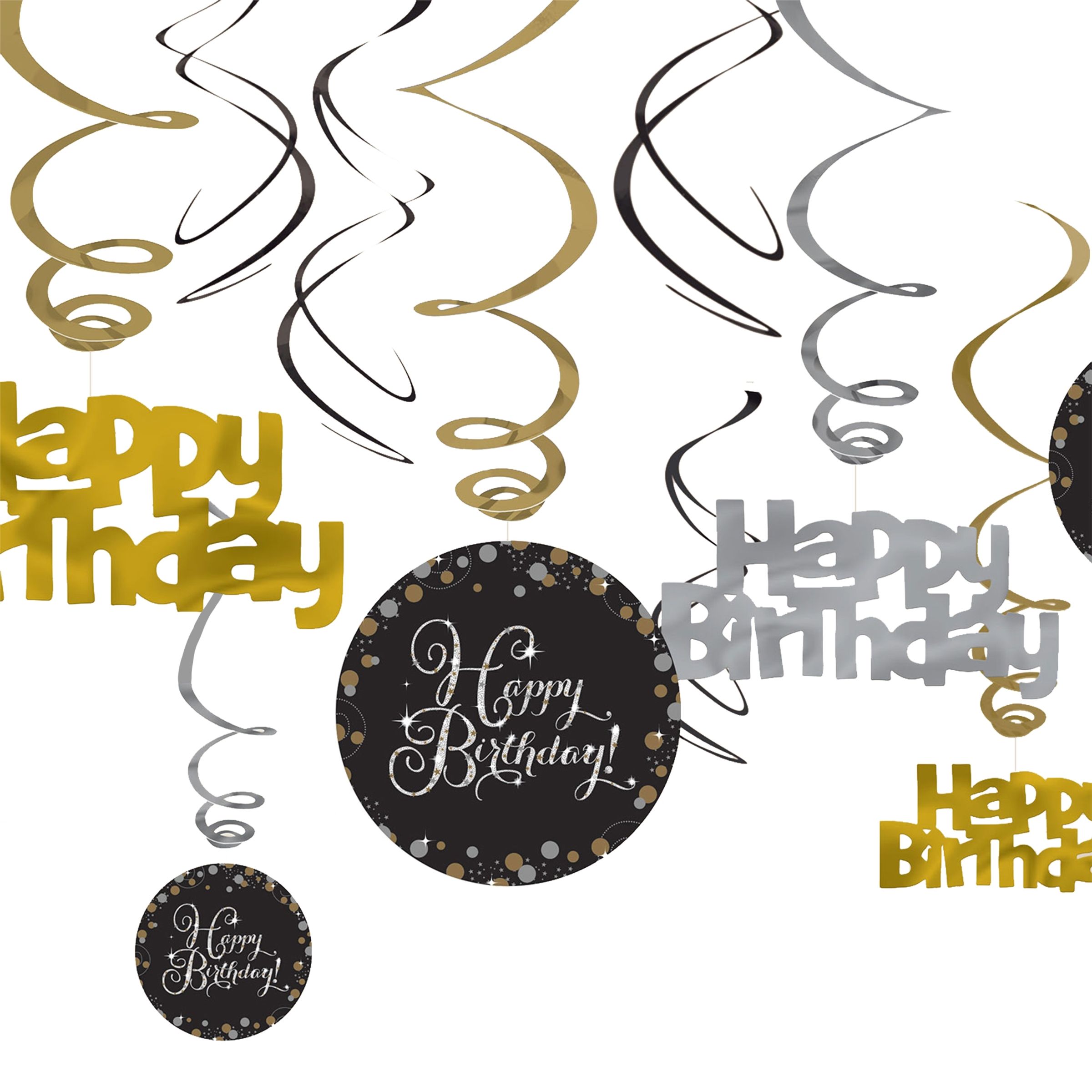 Swirls Happy Birthday Silver/Guld Glitter - 12-pack