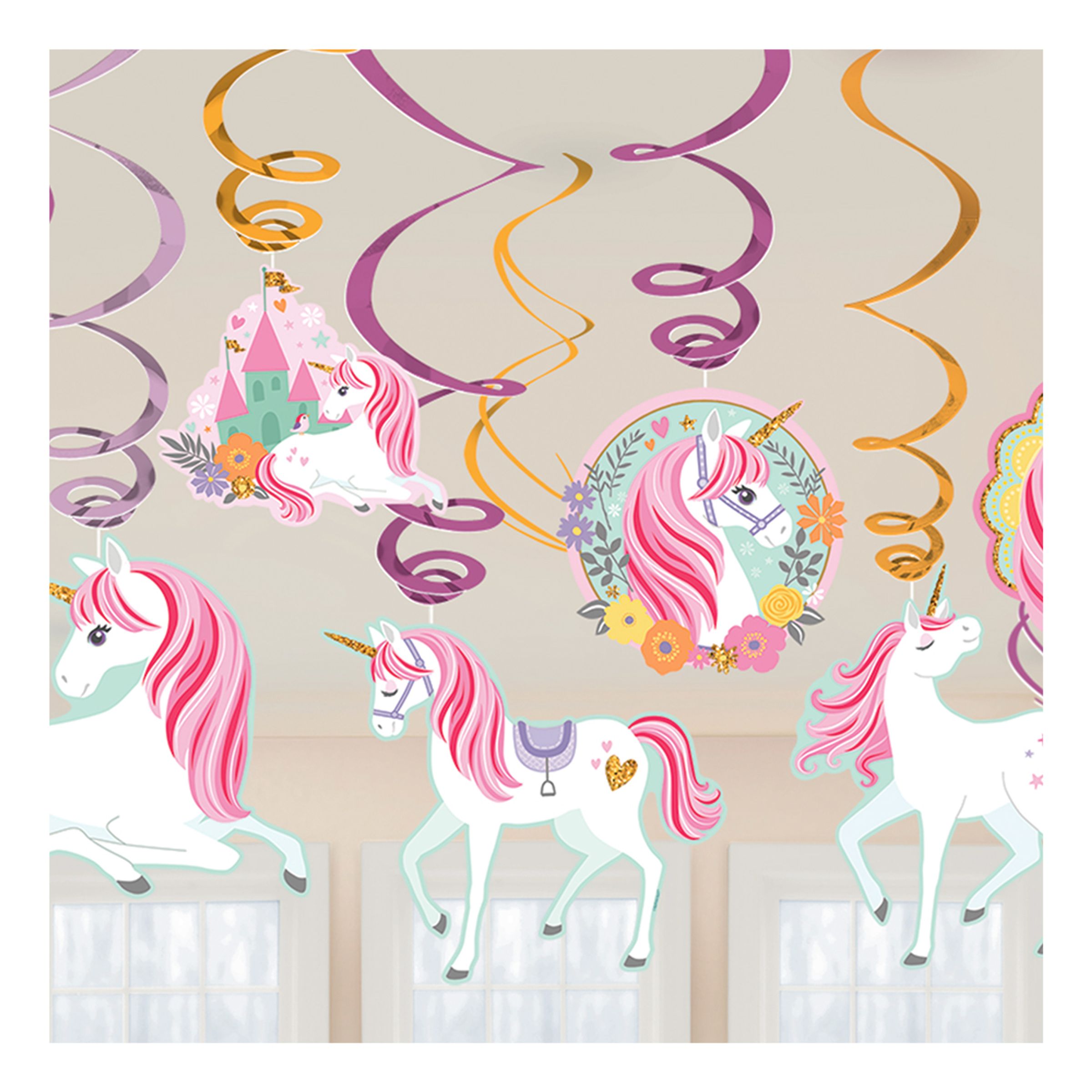 Läs mer om Swirls Unicorn Party Hängande Dekoration - 12-pack