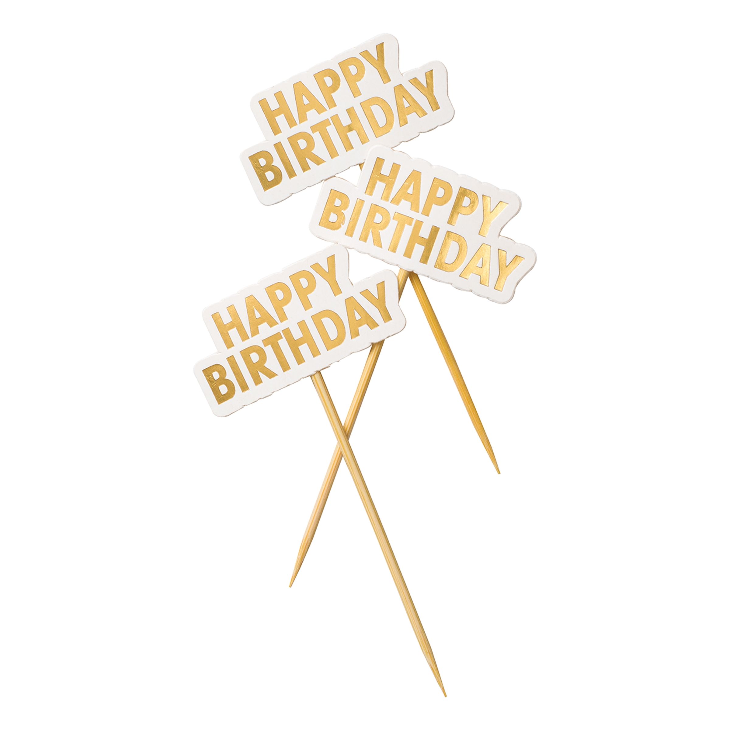 Läs mer om Tårtdekoration Happy Birthday Guld - 10-pack