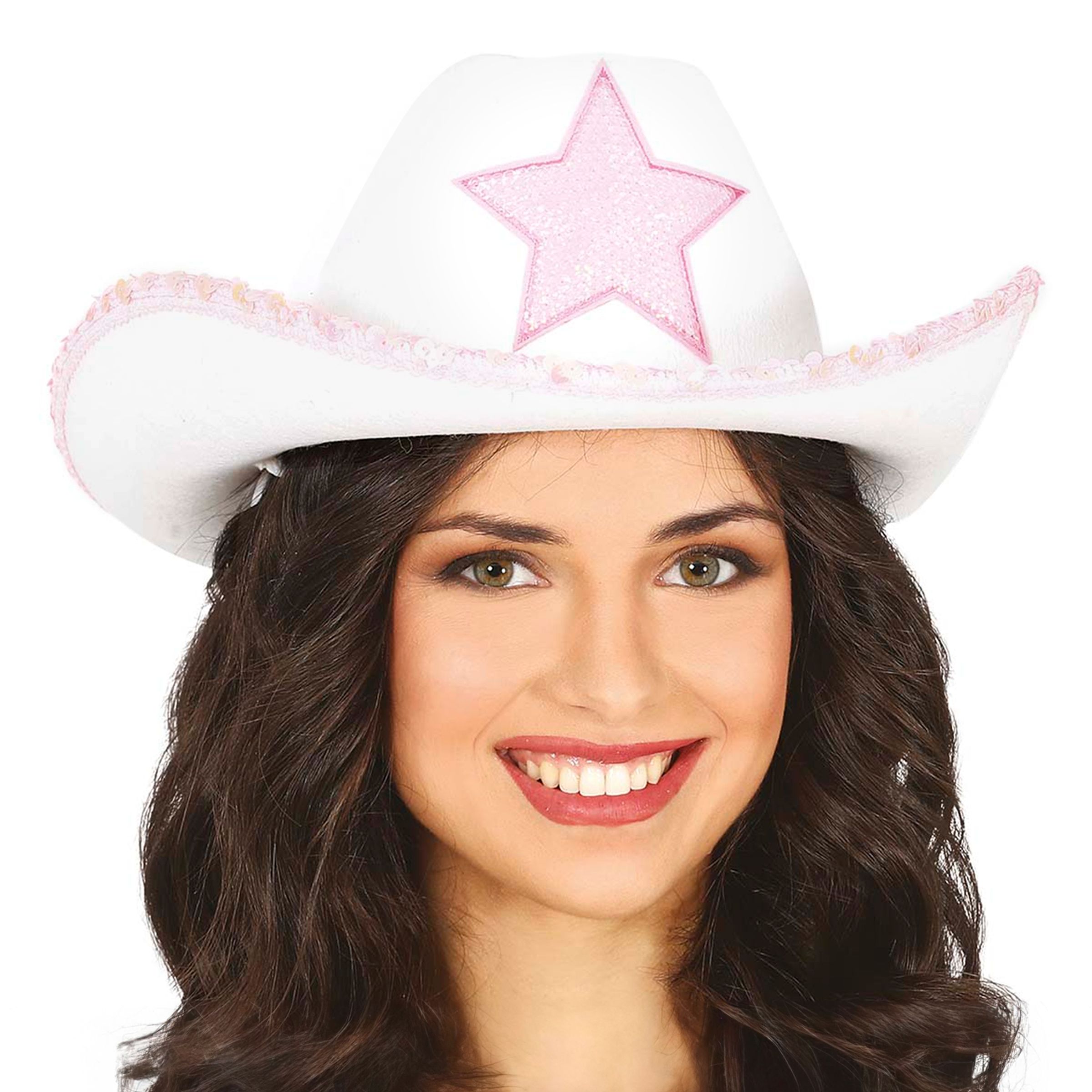 Läs mer om Vit Cowboyhatt med Rosa Stjärna - One size