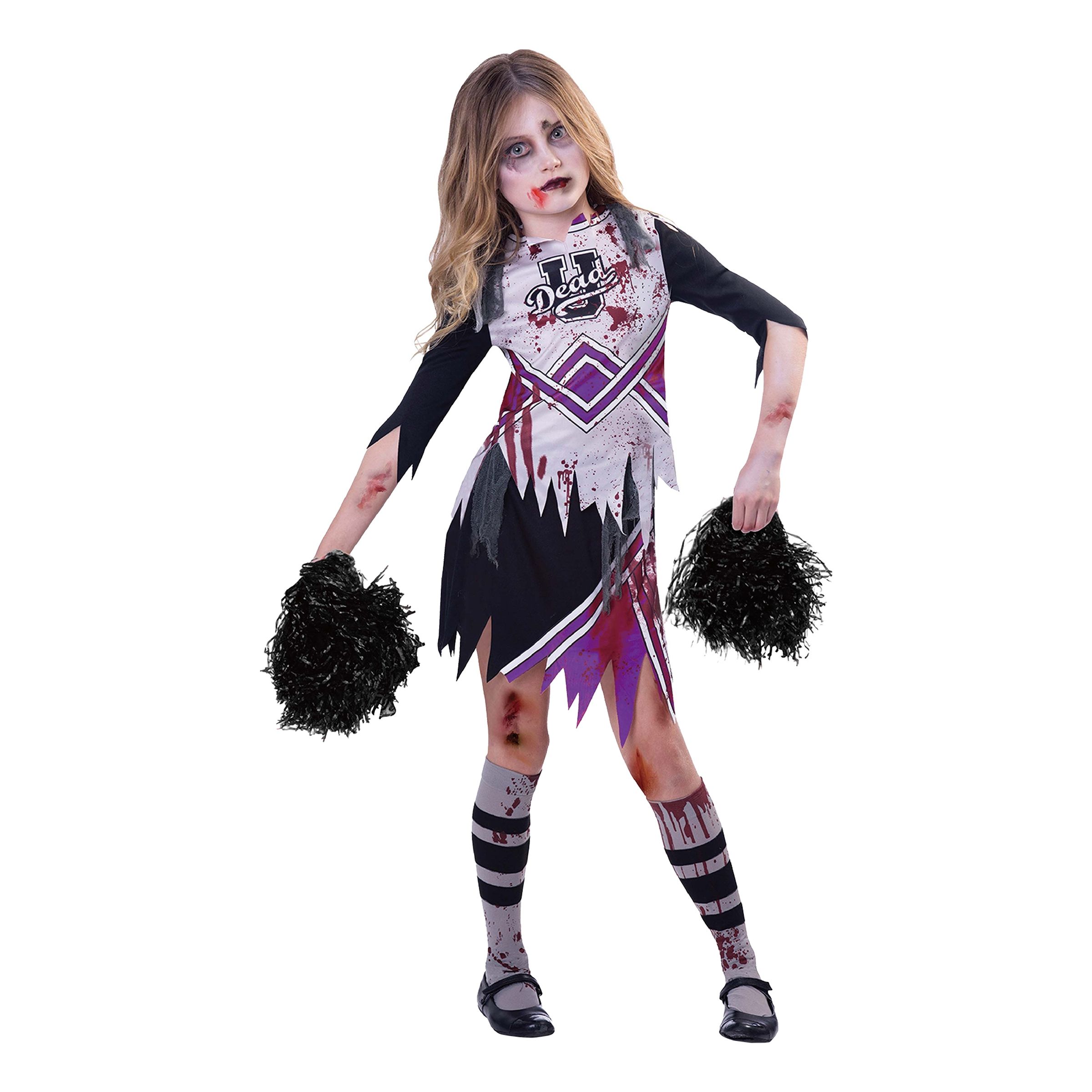 Läs mer om Zombie Cheerleader Svart/Lila Barn Maskeraddräkt - Medium