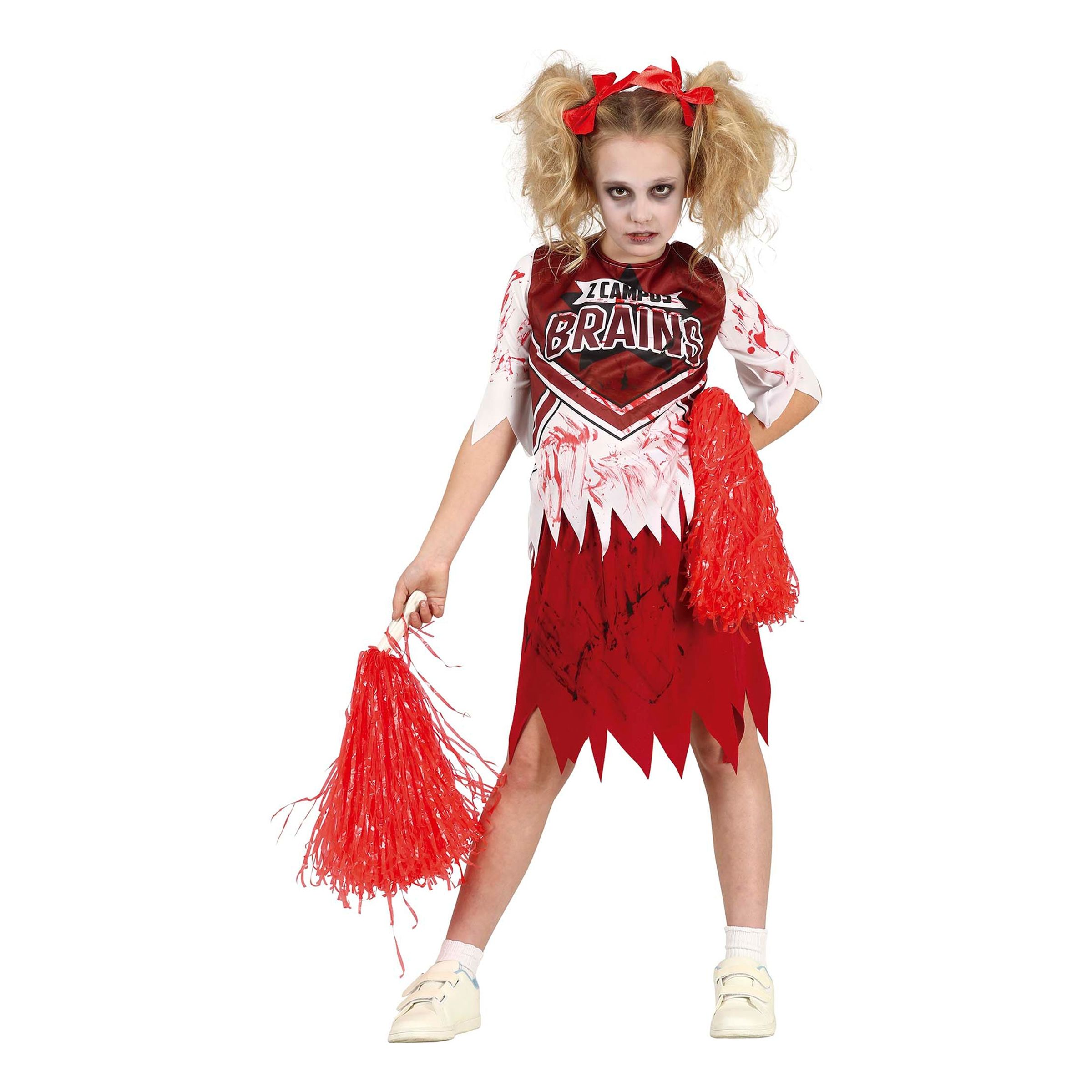 Läs mer om Zombie Cheerleader Röd/Vit Barn Maskeraddräkt - X-Small