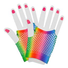 80-tals Korta Fingerlösa Näthandskar Regnbåge