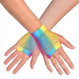 80-tals UV Fingerlösa Näthandskar Korta Regnbåge Neon