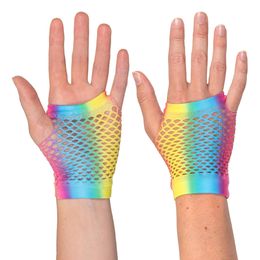 Bildspel - 80-tals UV Fingerlösa Näthandskar Korta Regnbåge Neon