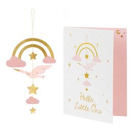 Kort med Hängande Dekoration Stork Ljusrosa