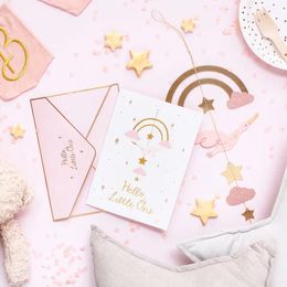 Bildspel - Kort med Hängande Dekoration Stork Ljusrosa