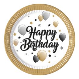 Papptallerkener Happy Birthday med Gullkant