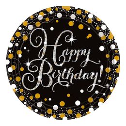 Papperstallrikar Happy Birthday Silver/Guld Glitter