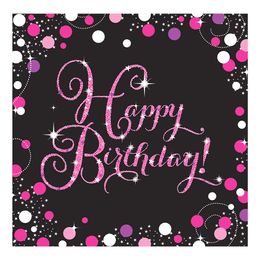 Servietter Happy Birthday Svart/Rosa Glitter