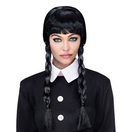 Svart Peruk med Flätor och Lugg